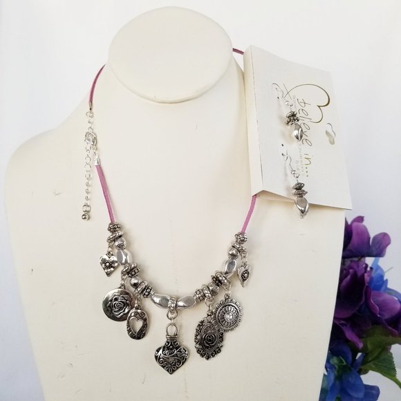 L&J Believe in Charm Necklace Earring Set Pink & Silver - Picture 3 of 13
